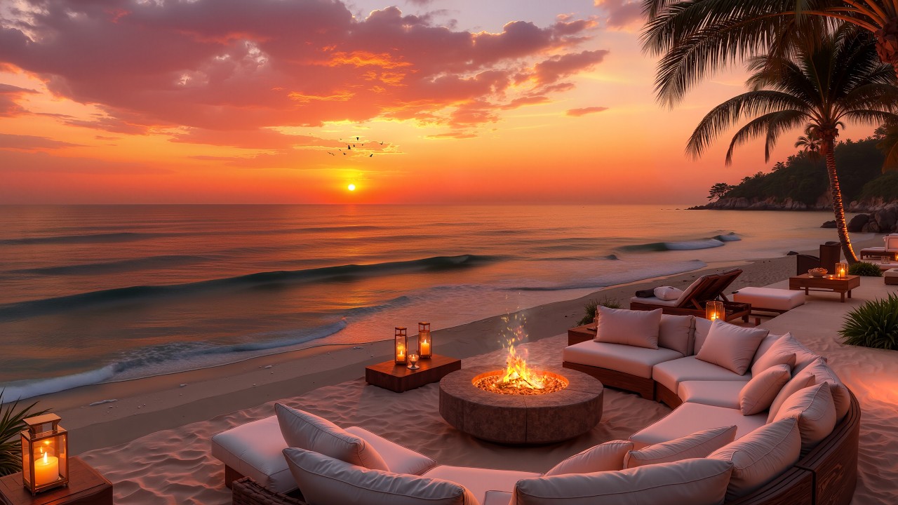 Sunset Beach Jazz Caf&eacute; 🌅 Cozy Fireplace & Ocean Waves Ambience for Relax, Study & Sleep