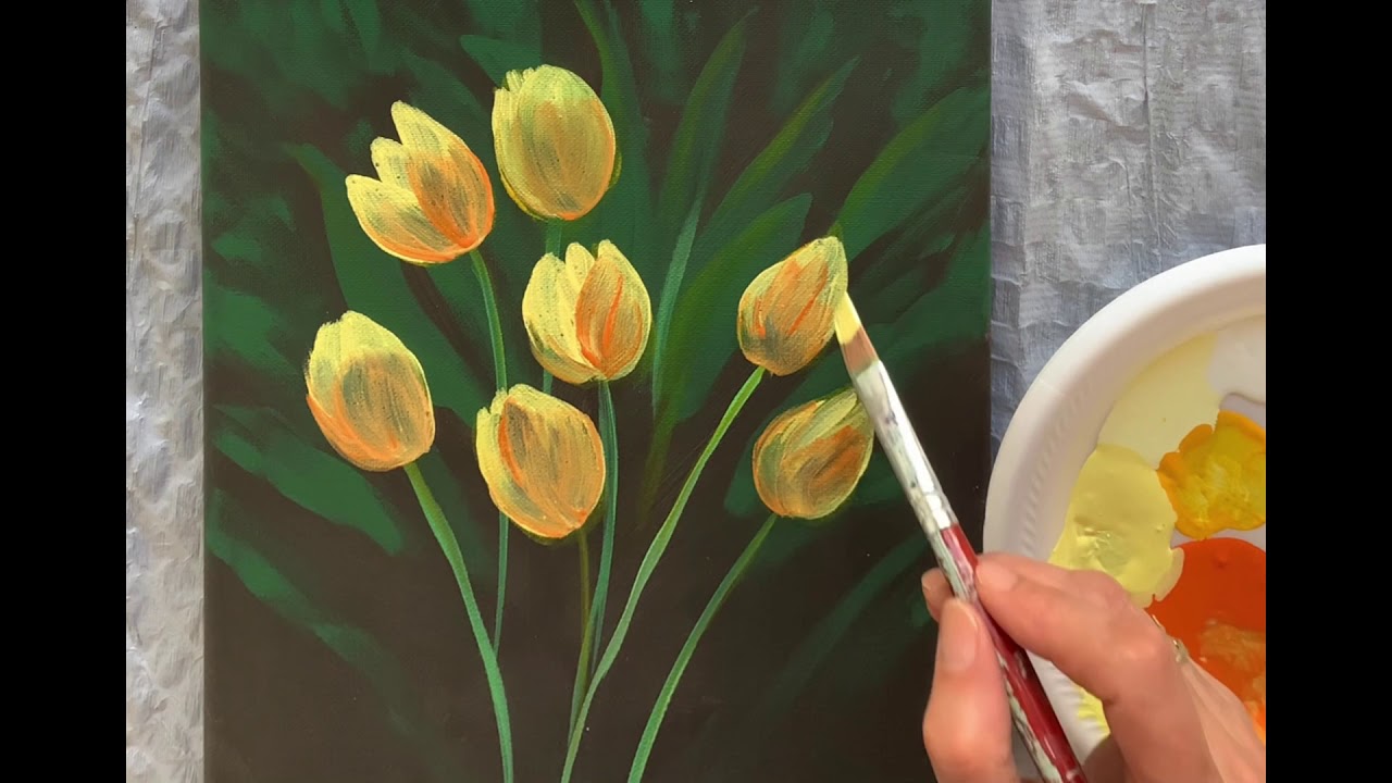 How to paint yellow tulips step by step in acrylic paints. Painting tulips for beginners tutorial.