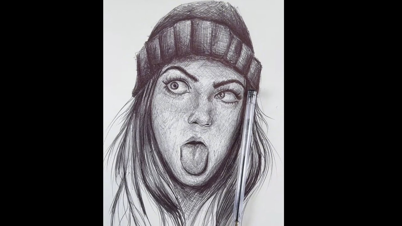Scribble Art Portrait | Silly Expression Girl Drawn with One Black Pen