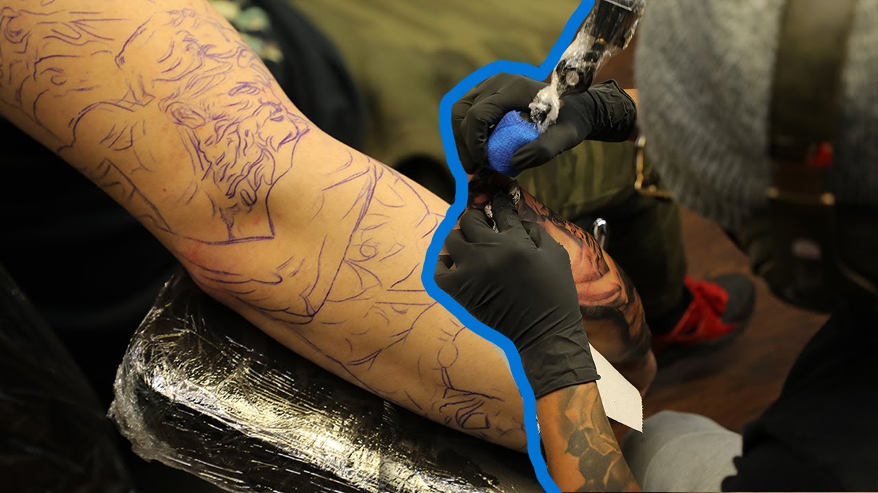 3/4 OF THE SLEEVE IN PROCESS . GREEK MYTHOLOGY THEME.  TATTOO TIME-LAPS
