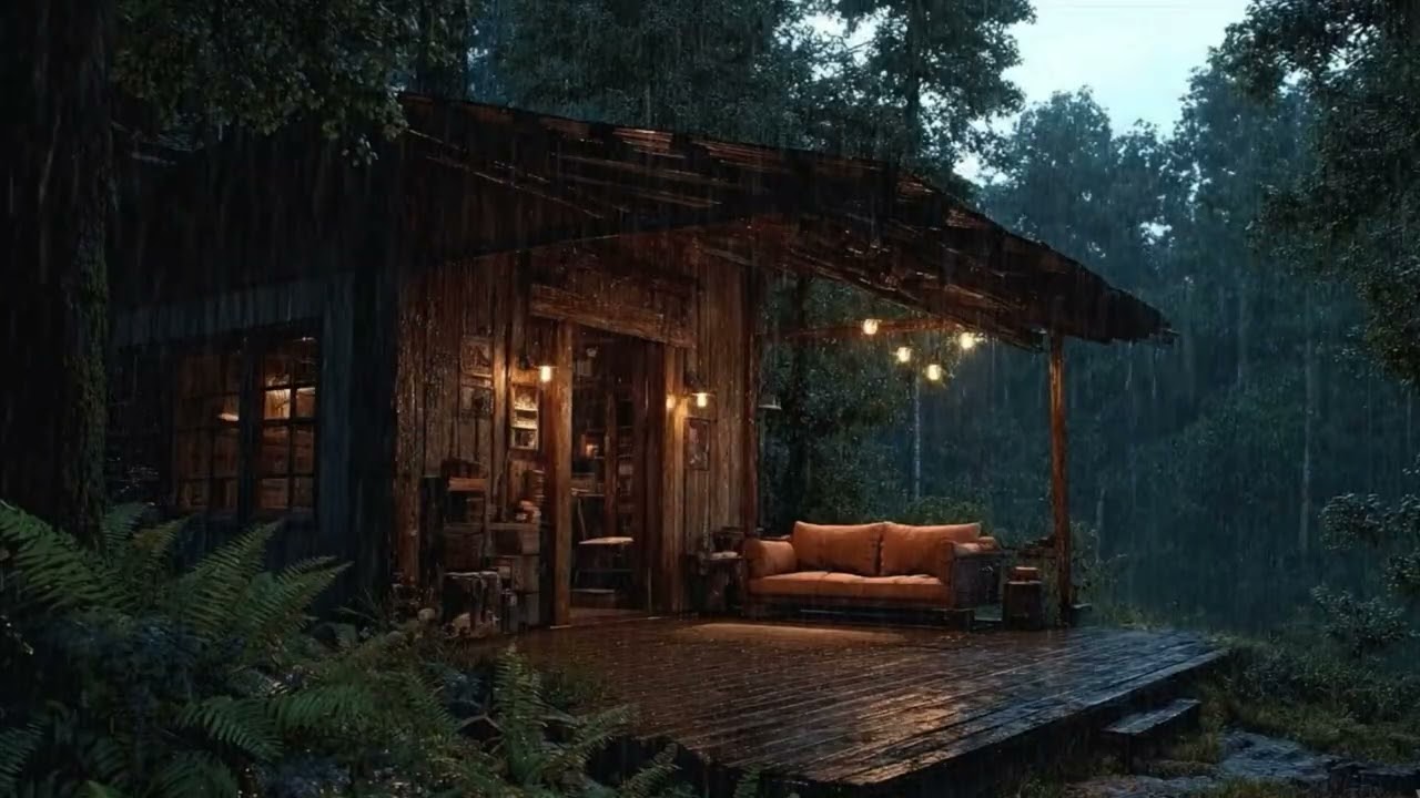 Gentle Rain on a Wooden Forest Cabin Porch 🌧️ | Cozy Warm Lights for Deep Sleep