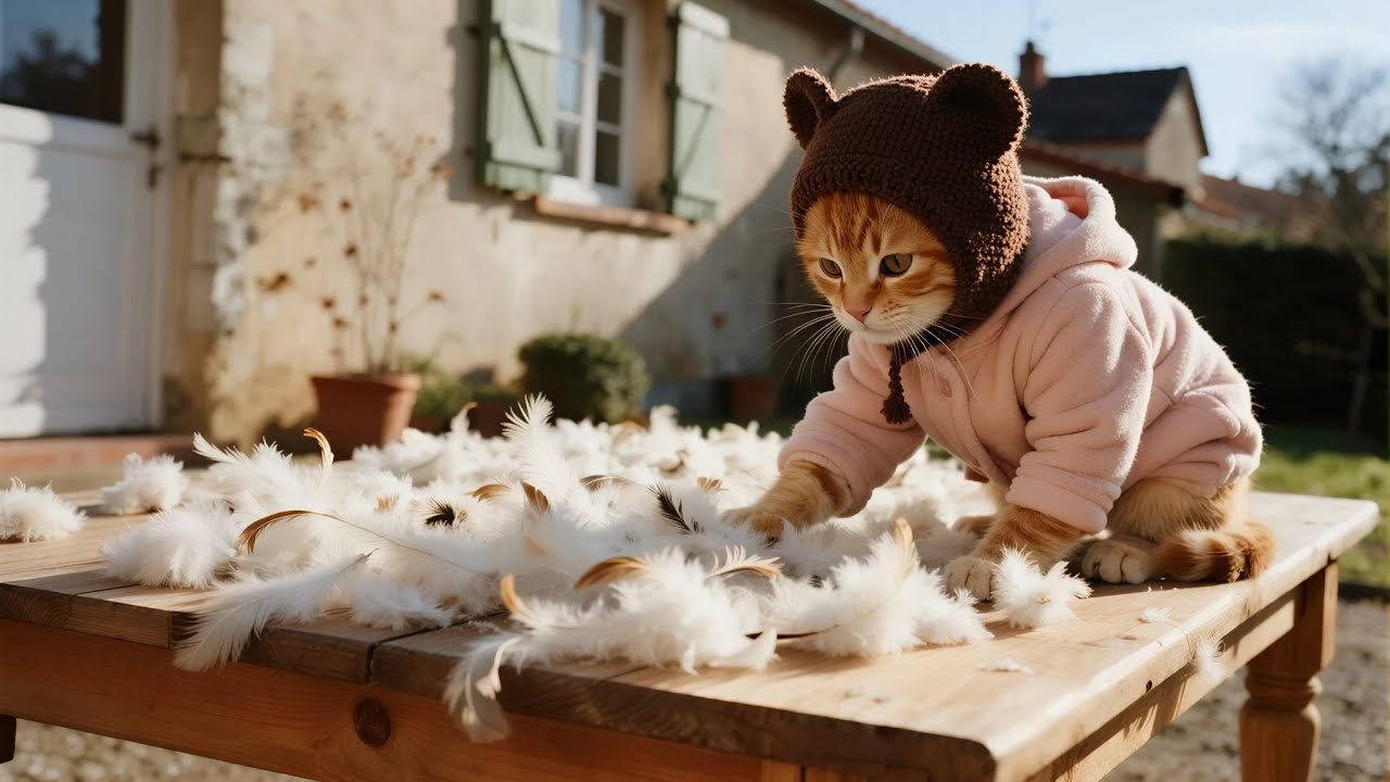 Ginger kitten made feather pillow by hand to help mama cat sleep better!🪶