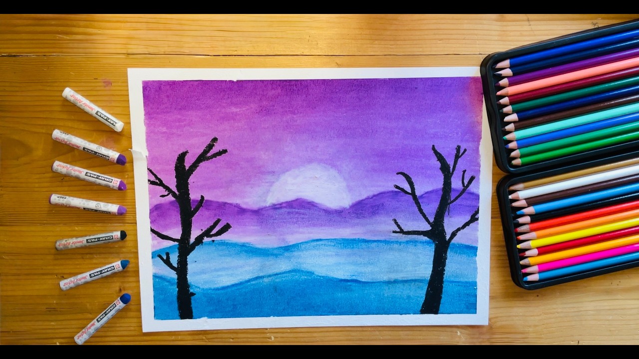 Sunset over sand dunes - Oil Pastel | Easy! Step by Step