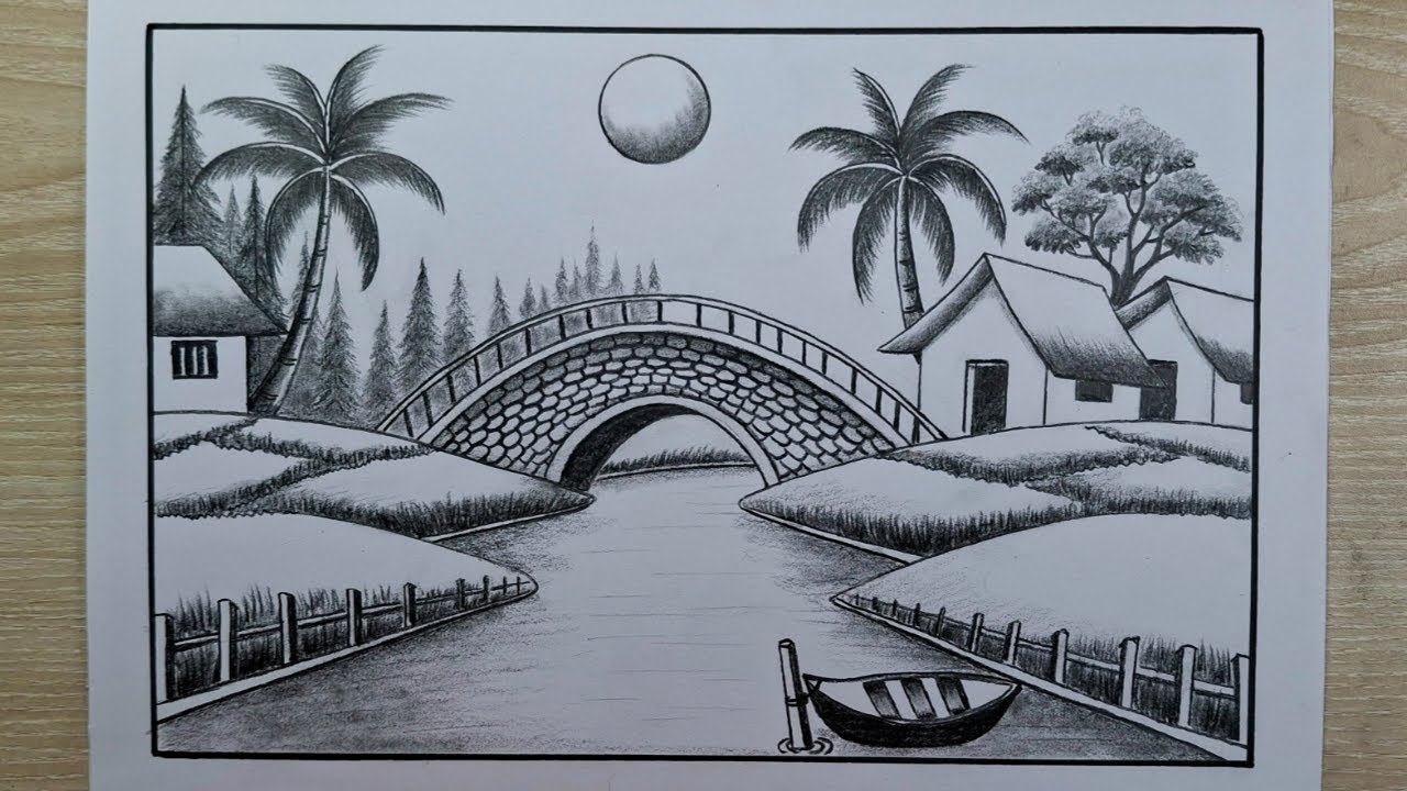 How to Draw Amazing Bridge Scenery | Beautiful River and Bridge Landscape Drawing by Pencil Sketch