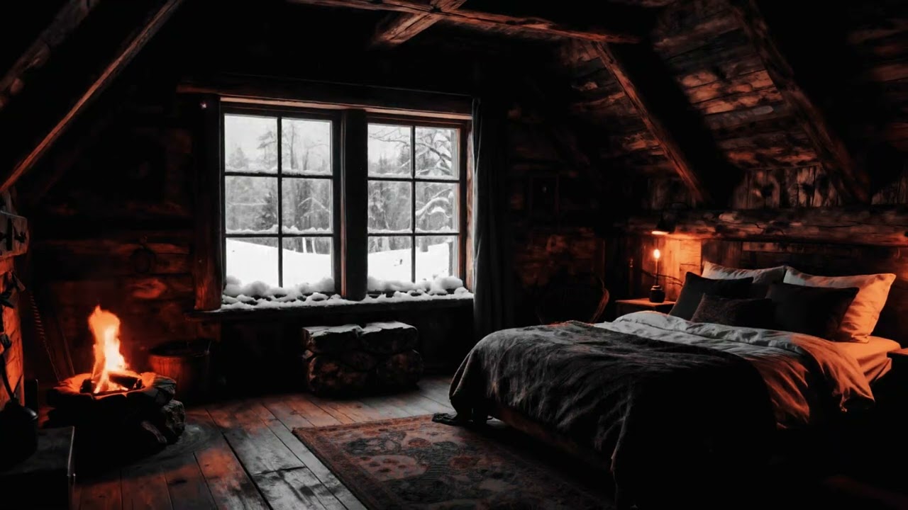 Cozy Winter Cabin Ambience 🔥 Pretty Crackling Fireplace & Soft Falling Snow 😴 No Ads Sleep Better