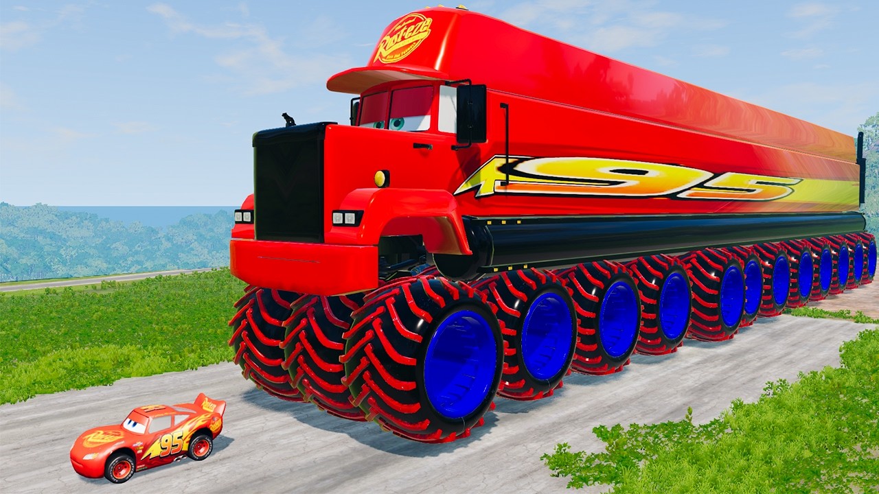 GIANT Long Mack Truck with WIDE MONSTER TRUCK Wheels vs Big & Small Lightning McQueen | BeamNG.Drive
