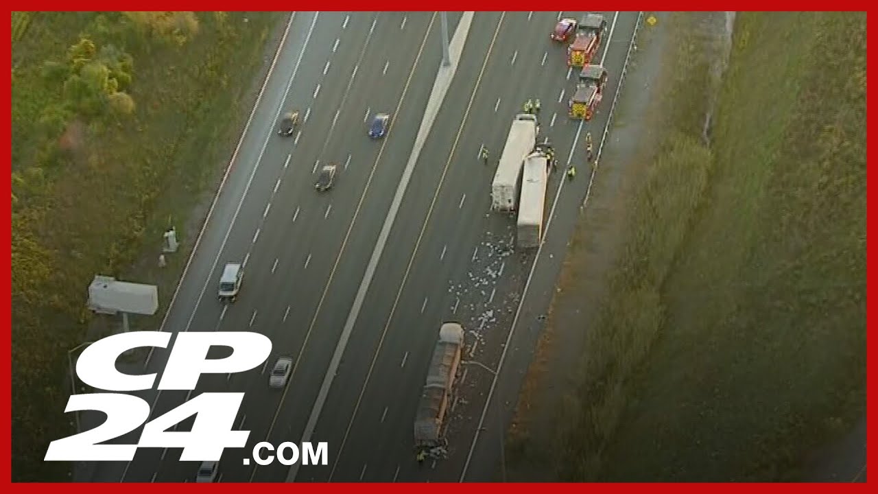 One person dead after three transport trucks crash on Highway 401 in Clarington