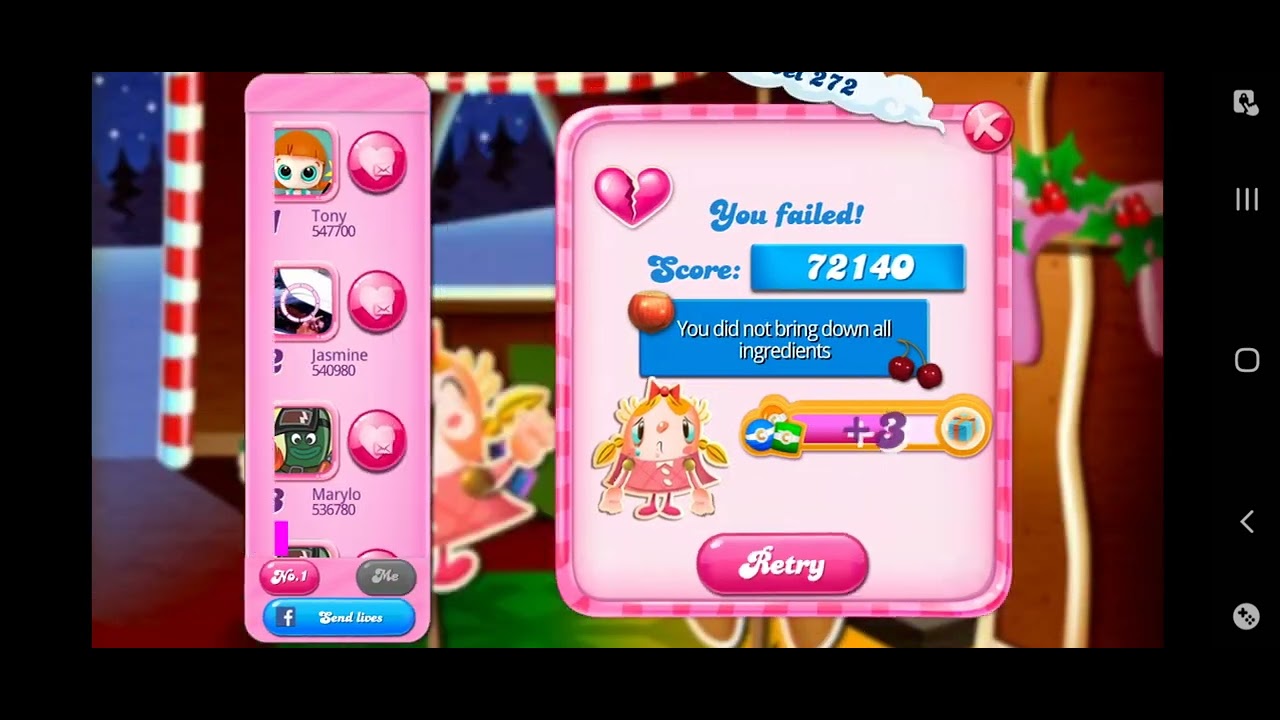 Candy Crush Saga - Level 272 Level failed No more lives heart crying preview