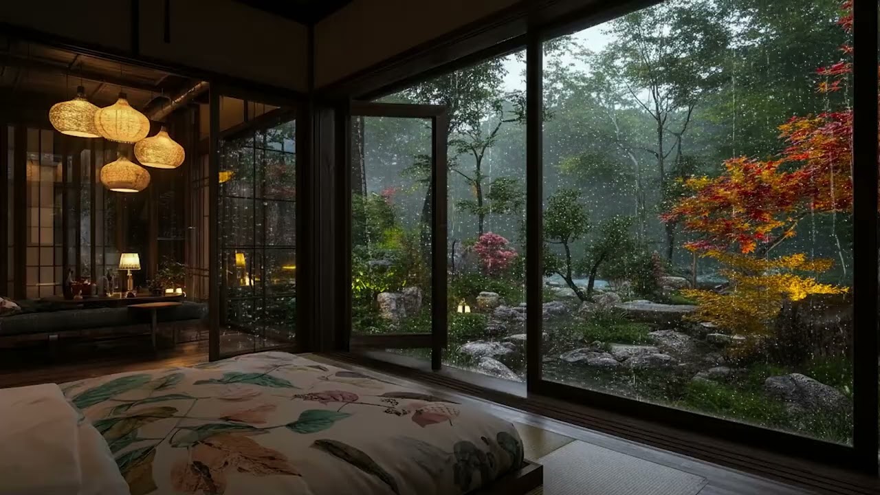 Peaceful Rainfall on Wooden Cabin Window 🌧️ Warm Forest Bedroom Ambience for Sleep & Stress Relief