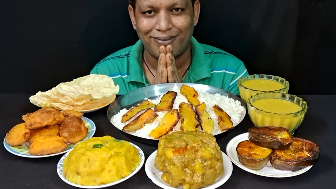 ASMR EATING RICE MUGDAL ALU CHOKHA BRINJAL FRY SOYA ALU CURRY CRISPY ALU PAKORA, BIG BITES MUKBANG