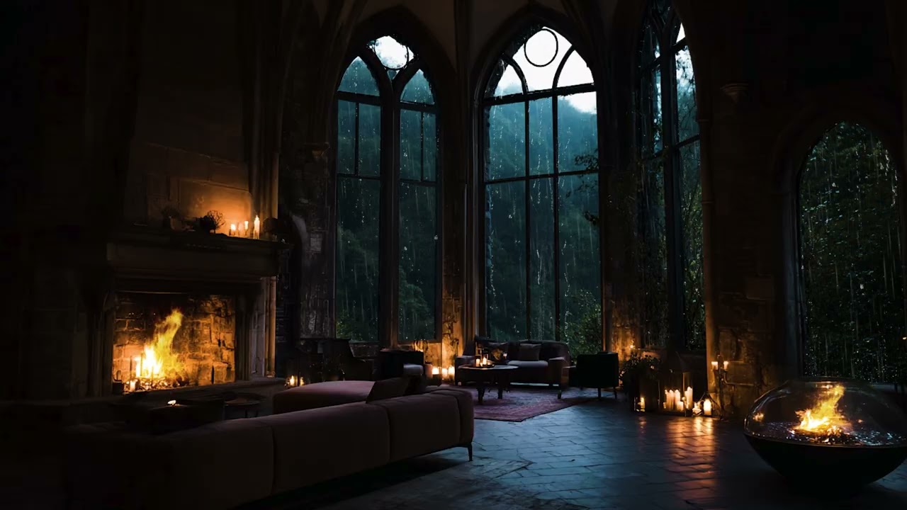 Rain Echoes in an Ancient Castle 🏰 Fireplace Sounds for Deep Sleep and Calming Rest