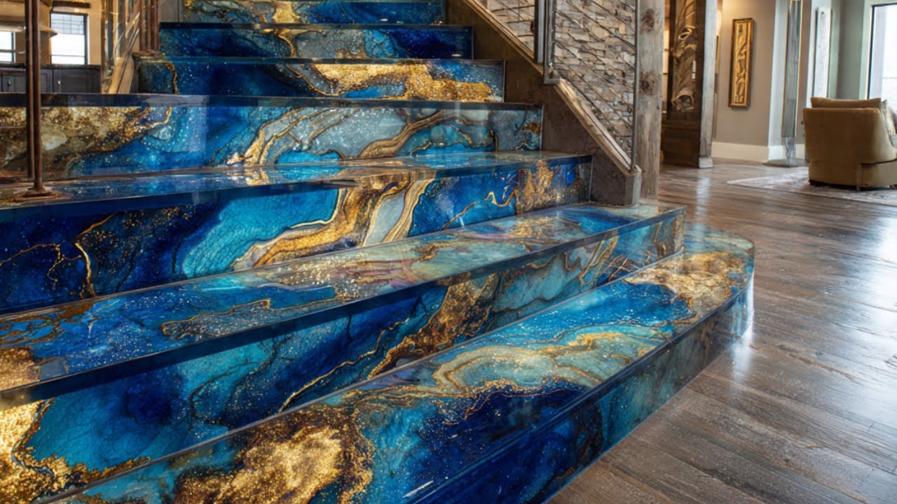 Epoxy staircase design | Creative ideas with marble, rose, and ocean effects | Visual inspiration