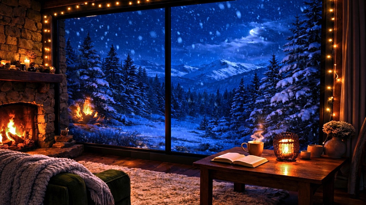 Peaceful Cabin Winter at Night ❄️🌃 |  Fireplace & Snowy Mountain View to Sleep, Focus & Relax