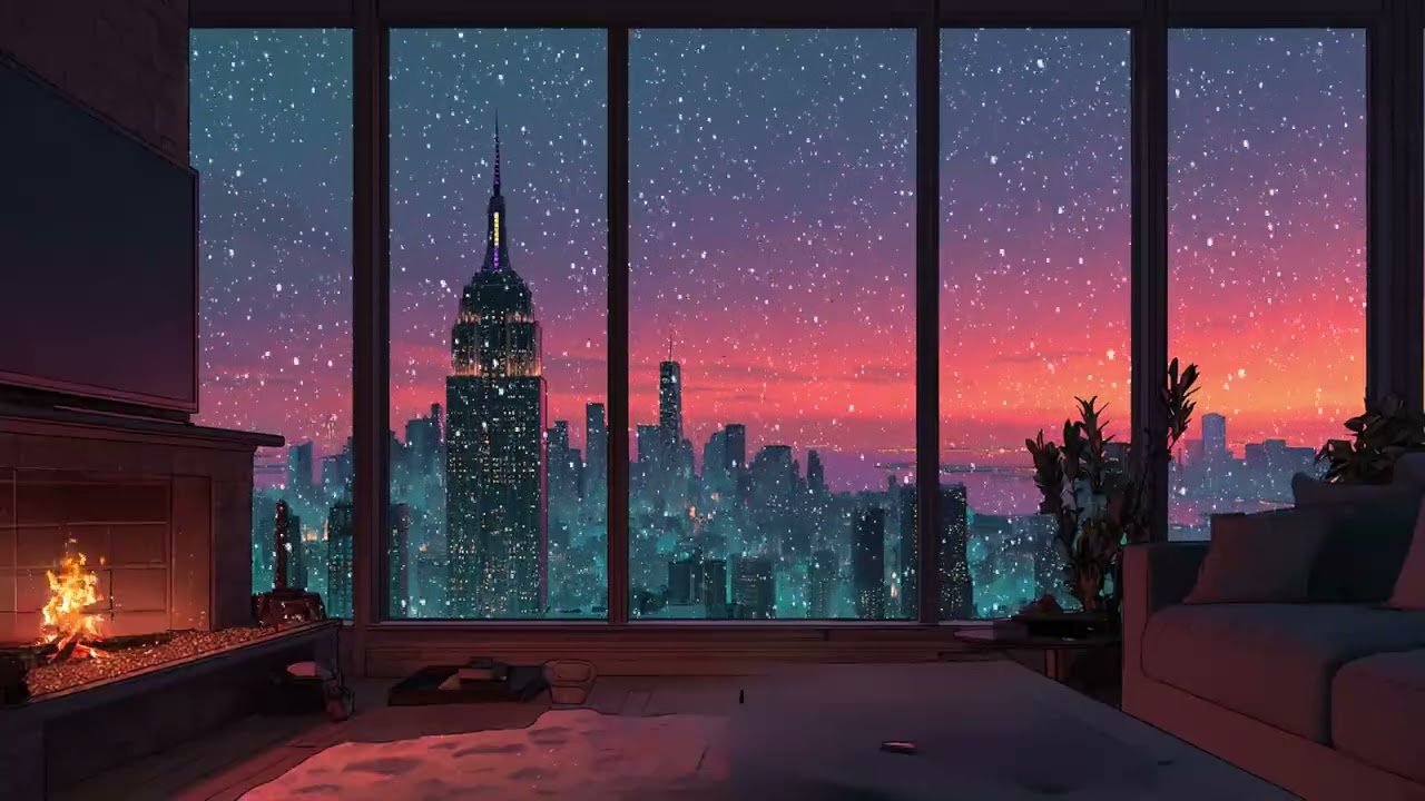 Cozy Loft Above New York ❄️ Snowfall at Sunset & Fireplace Sounds