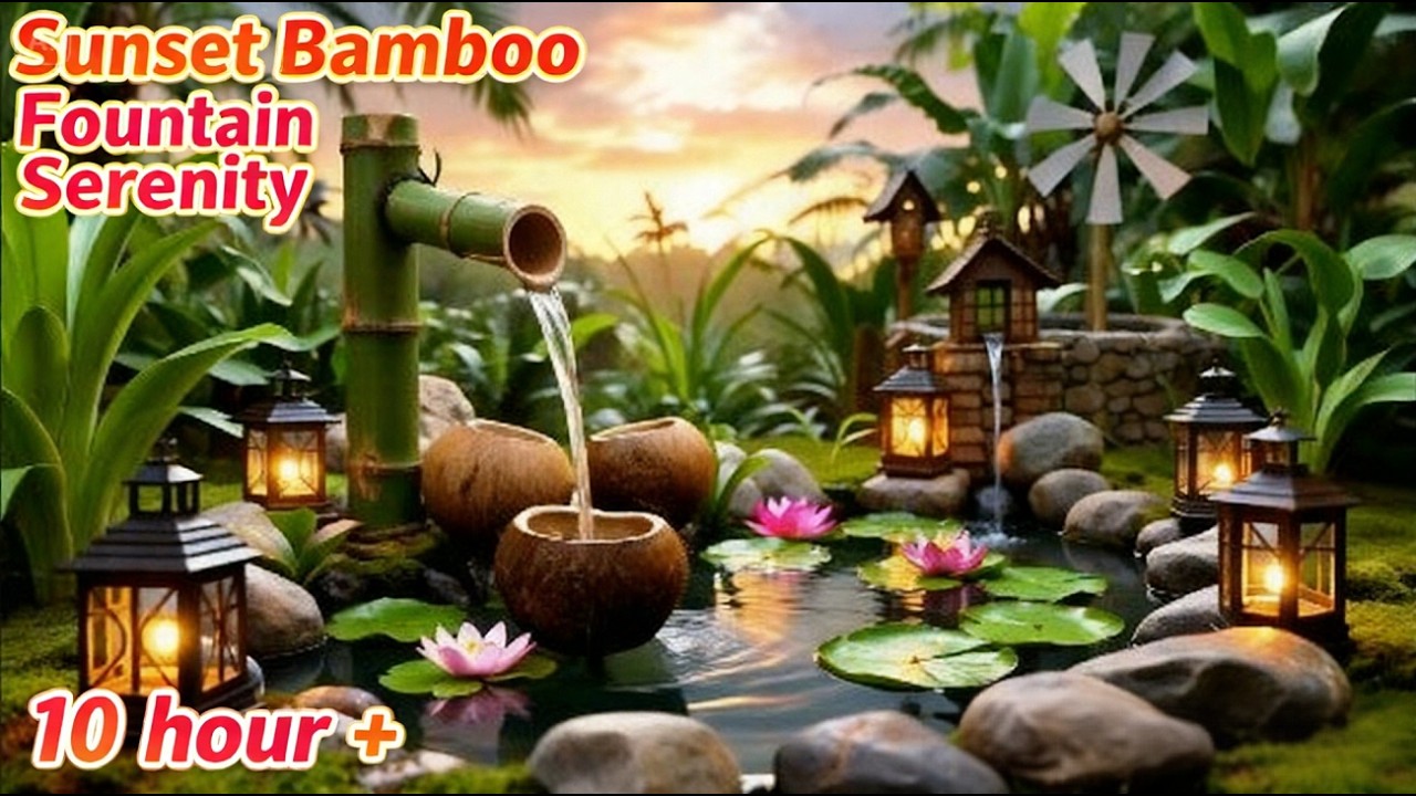 Dreamy Bamboo Water Garden at Sunset🌿10 Hours Soothing Fountain Sounds for Stress Relief & Deep Rest