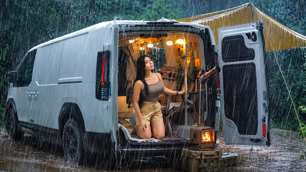 🚗☔️ Heavy Rain Camping in a Kia PV5 Cargo Van . Electric Van Life . Car Camping
