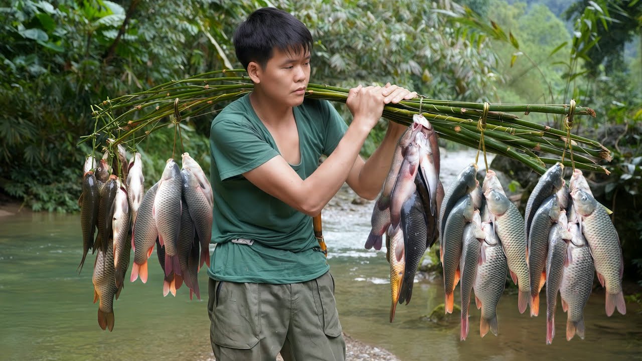 Life in the wilderness, Make your own fishing rod to fish in the wild, catch stream fish
