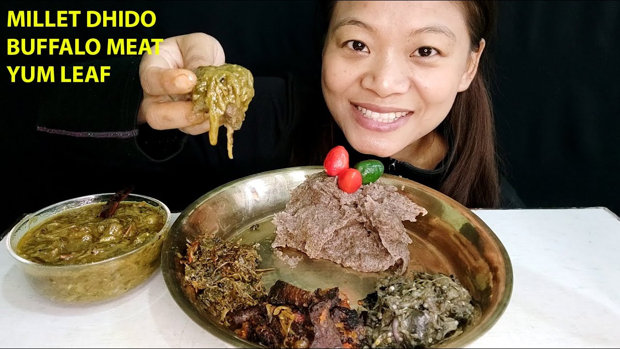 DHIDO THE NEPALI NATIONAL DISH WITH YUM LEAF | BUFFALO DRY MEAT | कोदोको ढिँडो सँग कर्कलो र सुकुटी