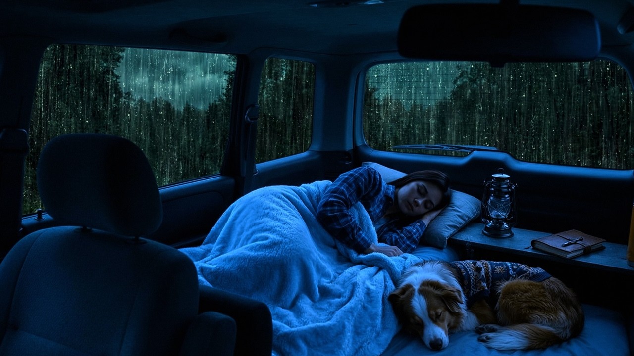 Глубокий сон, дождь ASMR звучит 🌧️ уютно ночь в машине с австралийской овчаркой