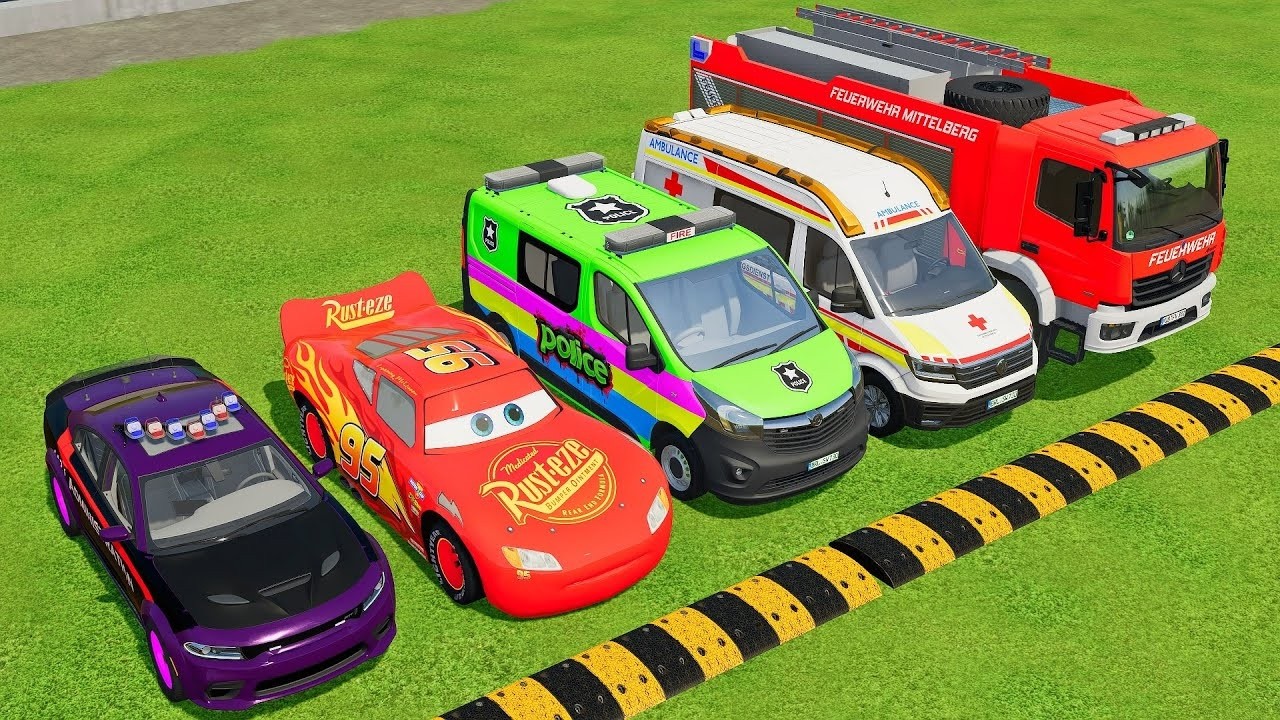 TRANSPORTING EMERGENCY CARS, AMBULANCE, POLICE CARS, FIRE TRUCK OF COLORS! WITH TRUCKS! - FS 22 #6