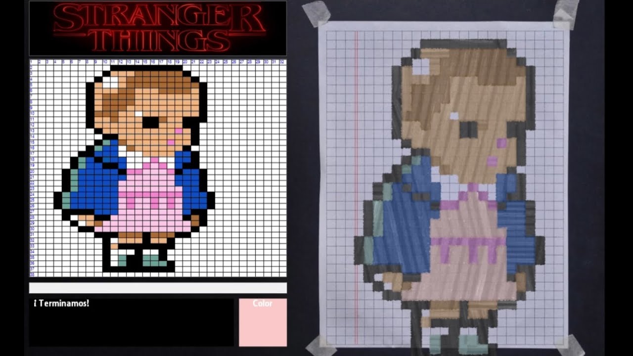 Tutorial paso a paso de PixelArt de Once, de Stranger Things en papel cuadriculado