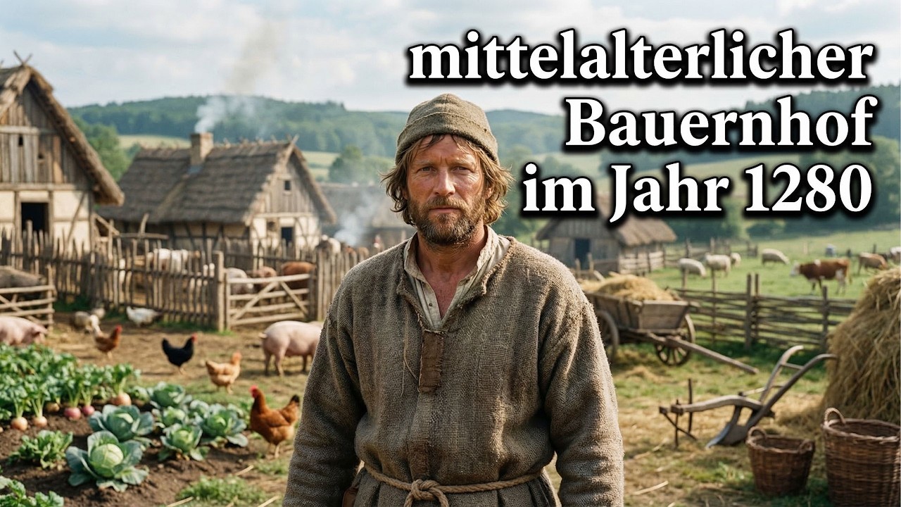 Spaziergang durch einen mittelalterlichen Bauernhof im Jahr 1280 (KI-Rekonstruktion)