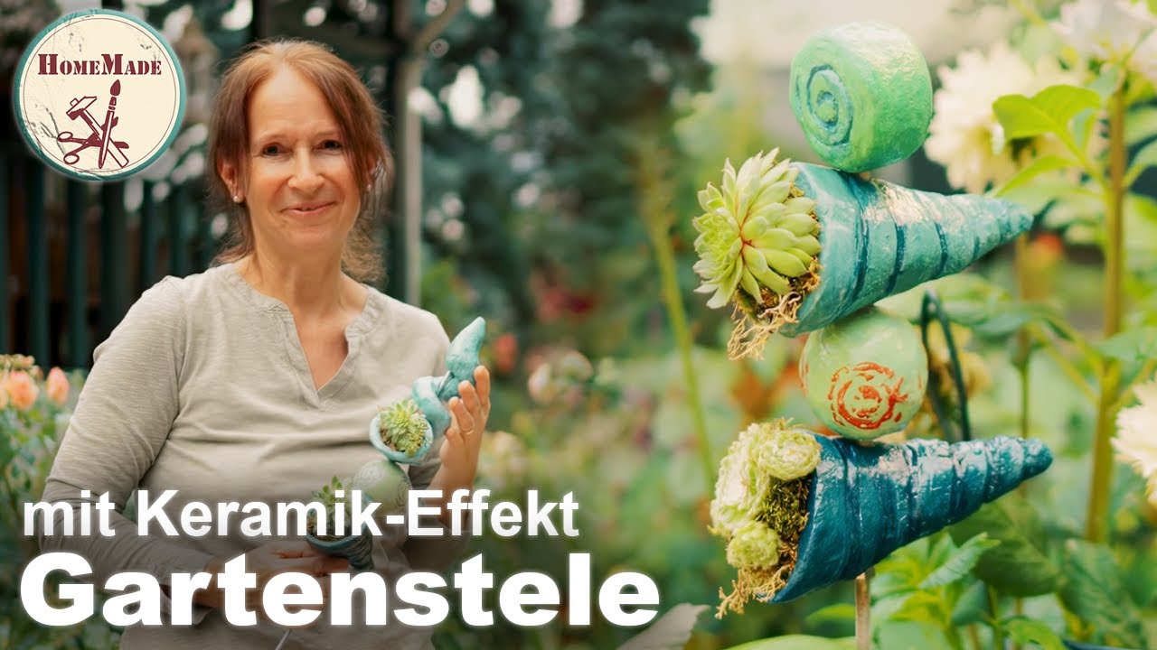 DIY | Gartenstele im Keramik-Look | Gartendeko mit Sukkulenten selber machen ohne Brennofen