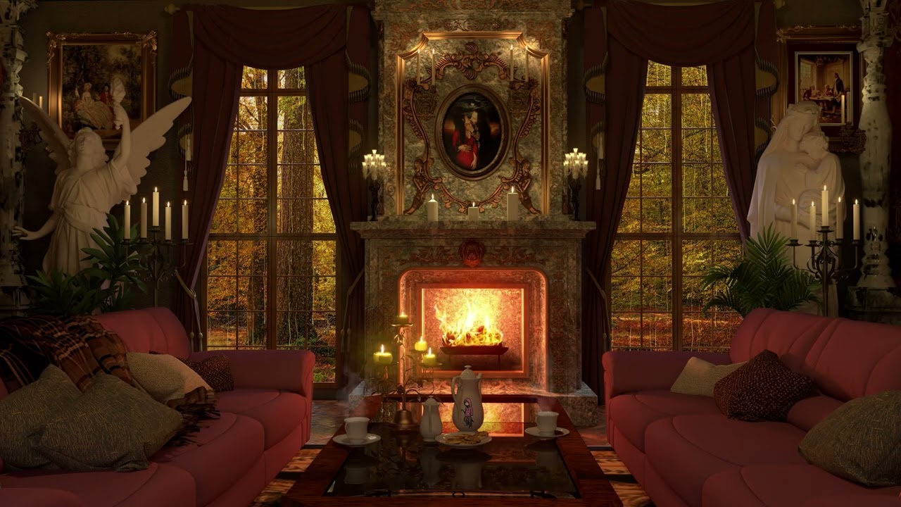 Cozy living room with late fall rain and a fireplace and a cup of tea 8 Hours