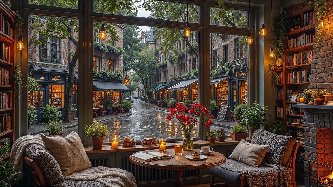 Peaceful March Rainy Coffee Shop ☕ Smooth Jazz Piano & Fireplace Ambience for Calm Study Nights