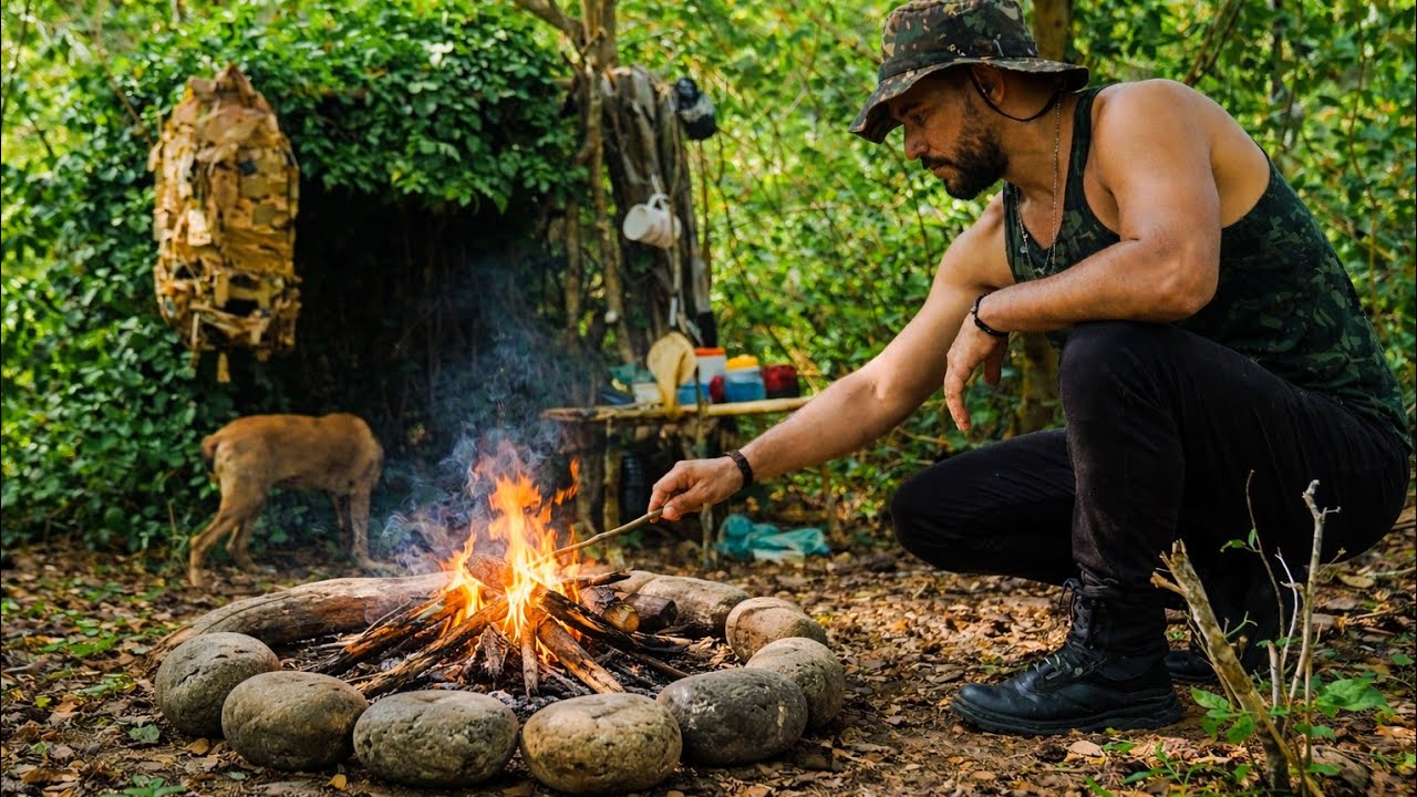 Acampamento SOLO!!!!CONSTRUÍ UM ABRIGO NATURAL DE GALHOS E FOLHAS🏕️🌵