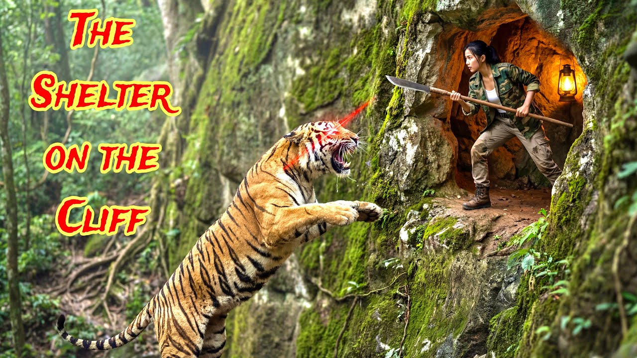 100 Days of Survival : Build a Shelter on a High Cliff to Escape The Tiger.