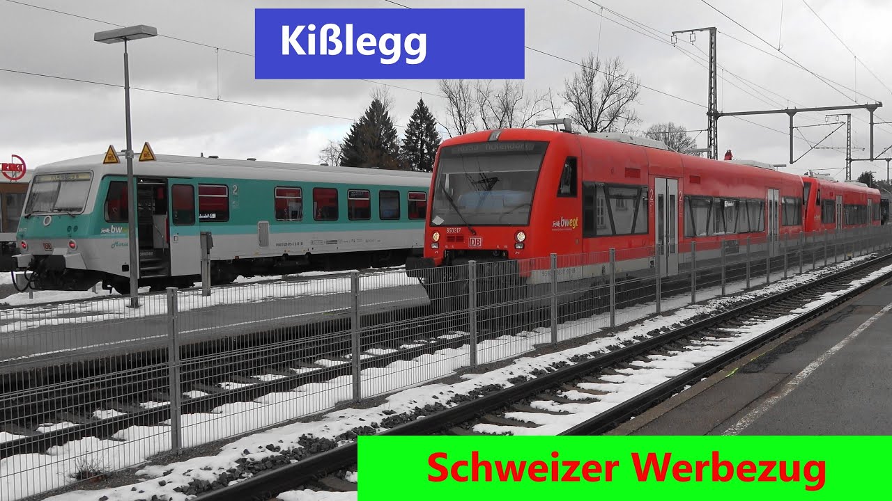 Kißlegg: SBB Werbe EC Zürich-München, Makro mit GoAhead und BR628 Maria, BR650 als RB53 am 10.12.23