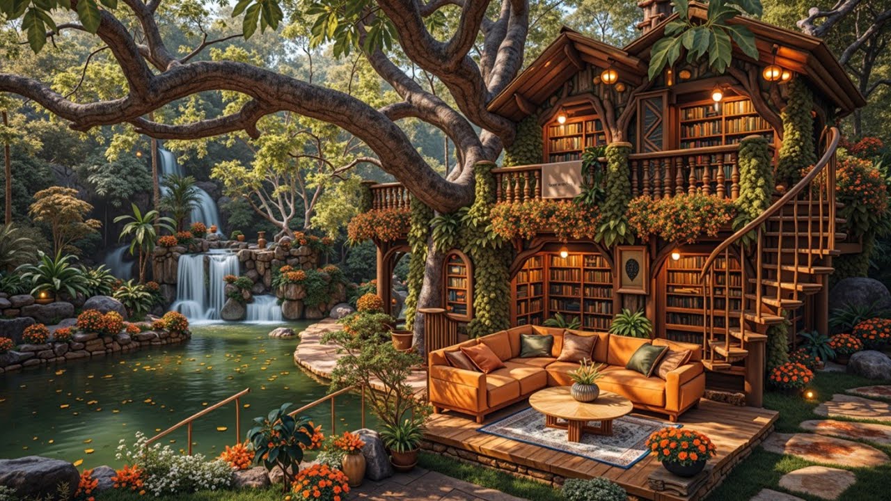 Relaxing Morning Jazz Music Spring Ambience Waterfall Coffee & Bookshelf Treehouse