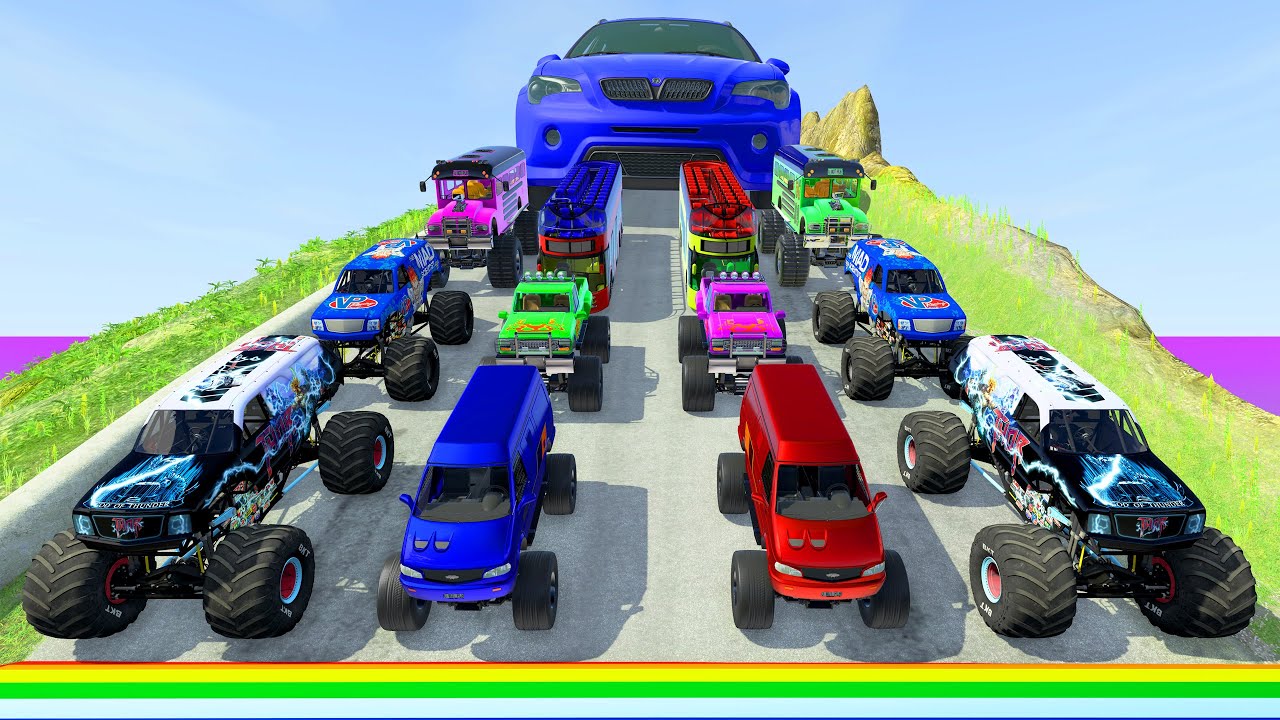 Big and Small Car & Big Bus & Monster Trucks Massive Speed Bump Giant Hammer - HT Gameplay Official