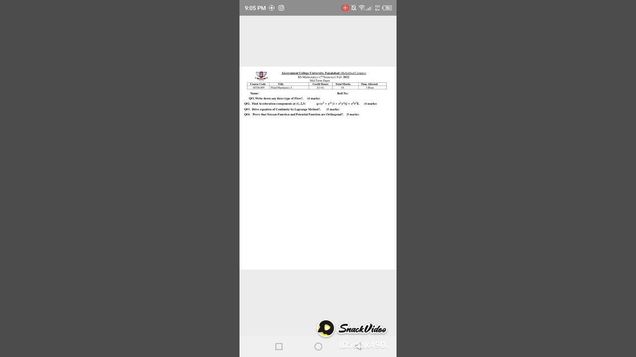 past paper fluid mechanics 1 bs math 7th semester gcuf main campus