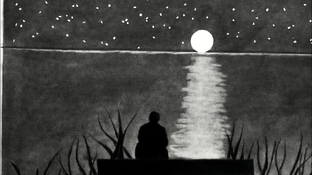 How to draw lonely Old Man sitting and looking at full moon night scenery - Pencil Sketch