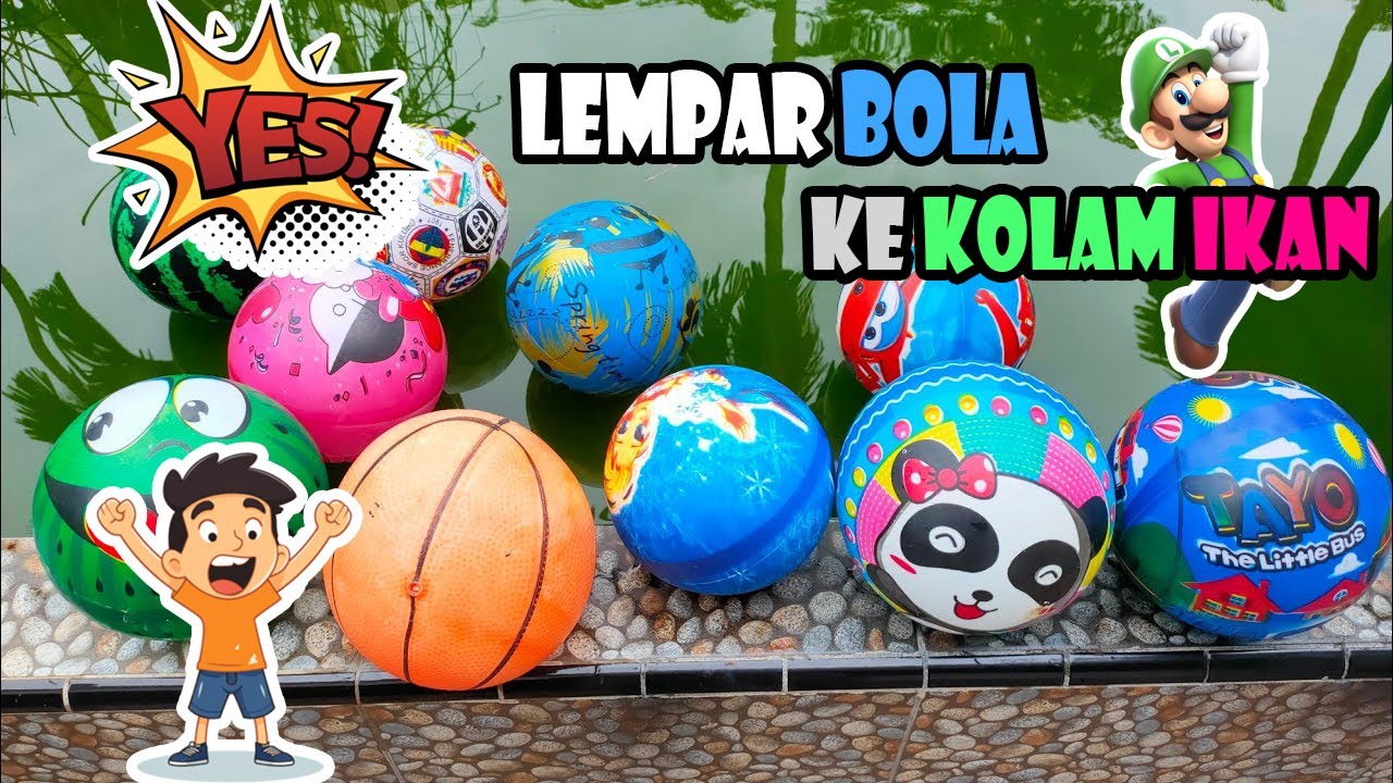 Play throwing watermelon balls, tayo balls, basketballs, panda balls soccer balls into the fish pond