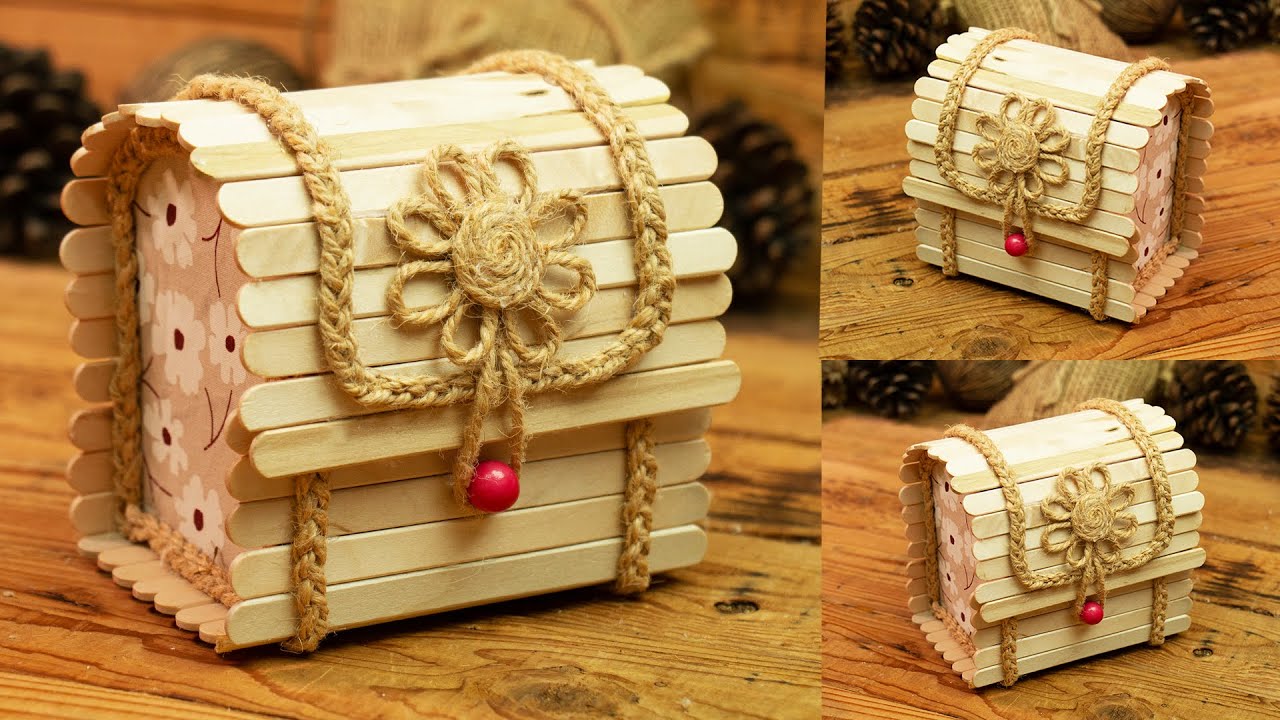 jewelery box diy - jewellery box making at home easy - jewelry box out of Jute Rope and Pop Stick
