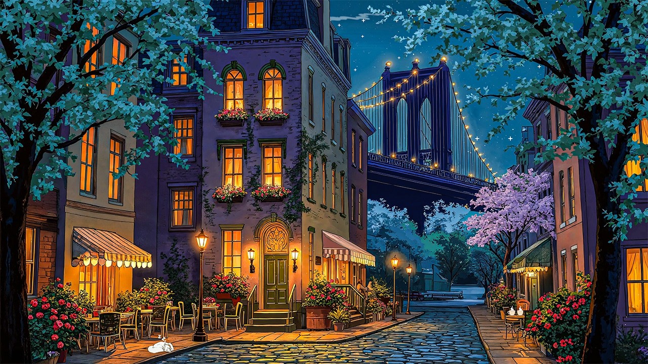 a peaceful new york night with 1950s oldies jazz playing in another room