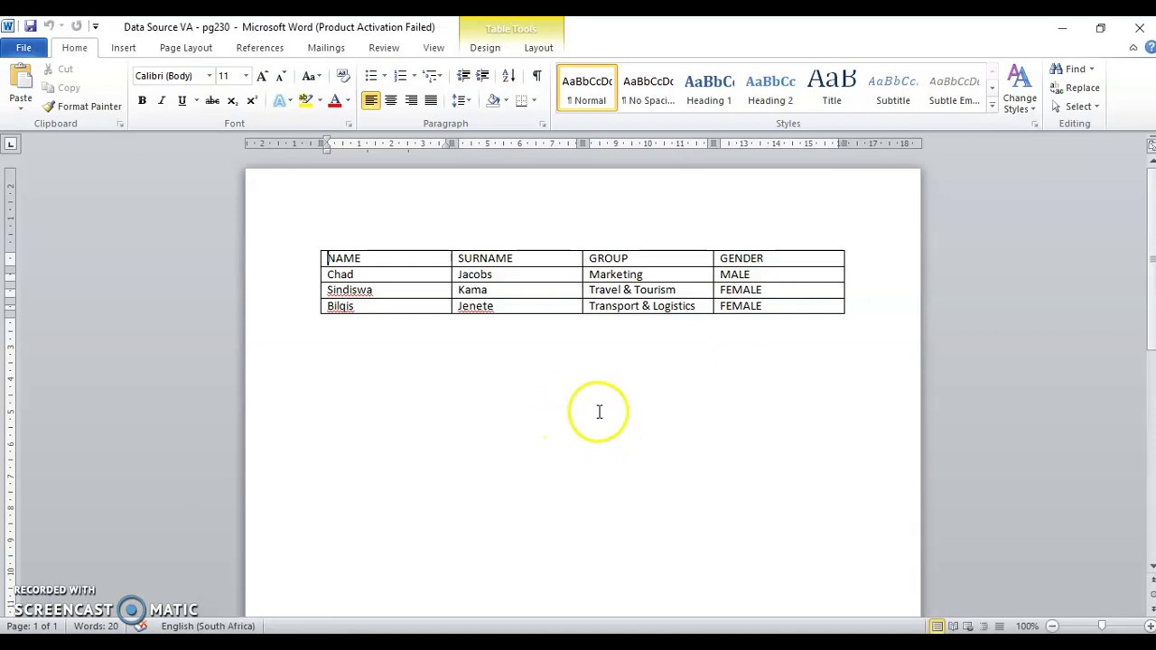 Creating a Data Source in Microsoft Word and the Mail Merging process