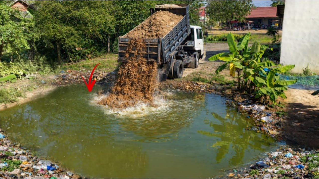 Excellent Start New Project COMPLETE100% Clear Small POND by Bulldozer Pushing, Dump Truck Dumping D