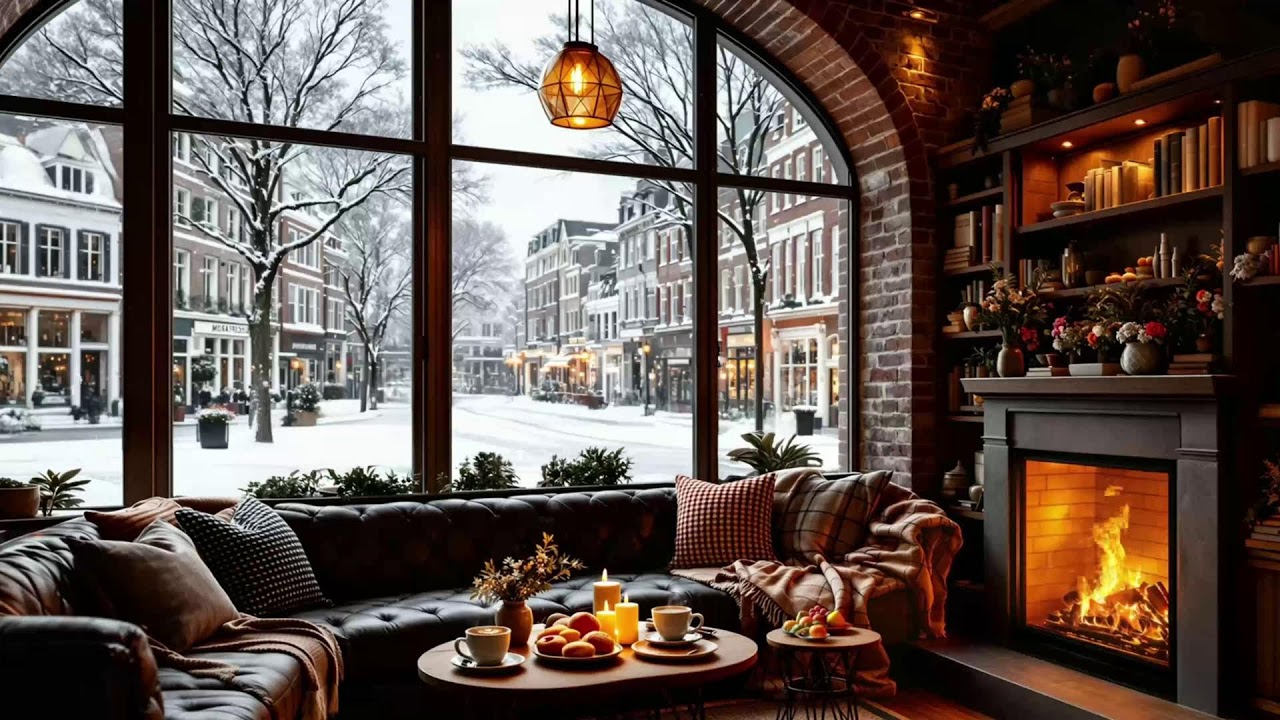 Snowfall Cafe Window Ambience ☕ Jazz Piano & Fireplace — Late Night City Window Jazz