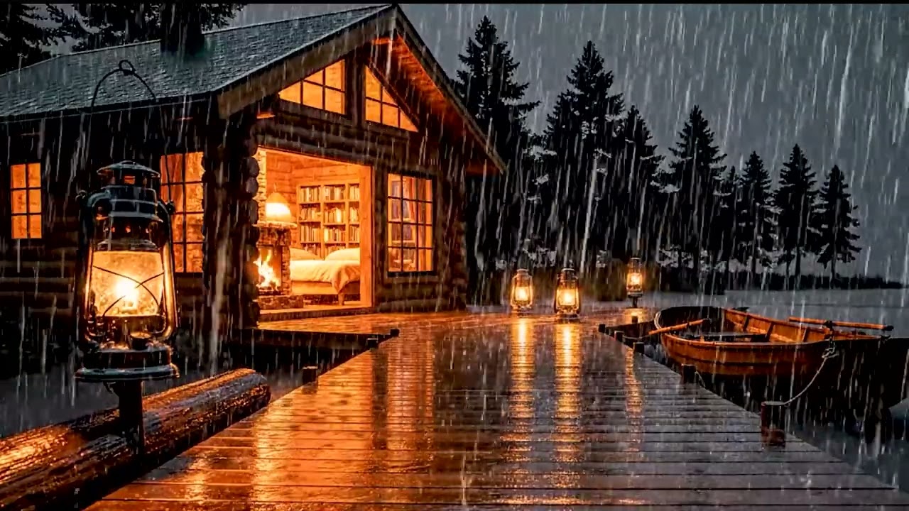 Deep Sleep Rain Sounds with Relaxing Music | Cozy Cabin Ambience