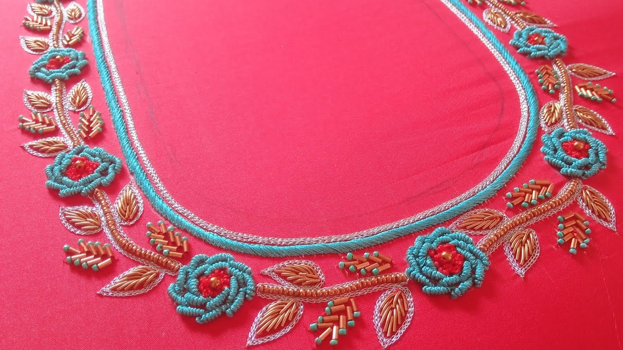 Bullion knot flower aariwork blouse design/ Bullion knot easy method/zardosi leaf design