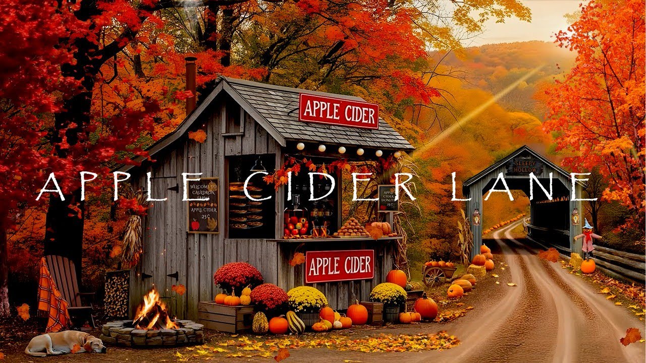 🍎APPLE CIDER LANE-FALL AMBIENCE-AUTUMN FALLING🍁 LEAVES-COZY CRACKLING FIRE-PUMPKINS-COVERED BRIDGE🍂