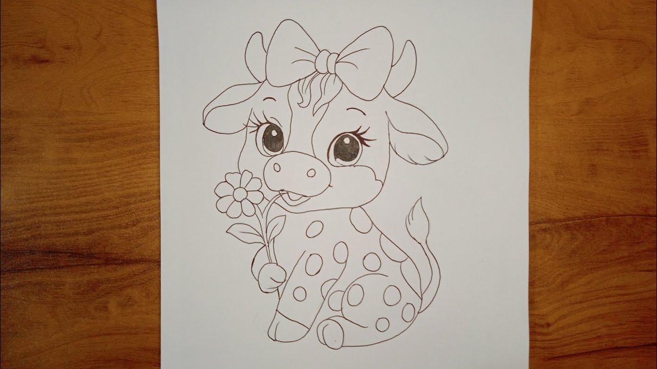 Adorable Cow Holding Flower 🌸 Simple Cartoon Drawing for Kids