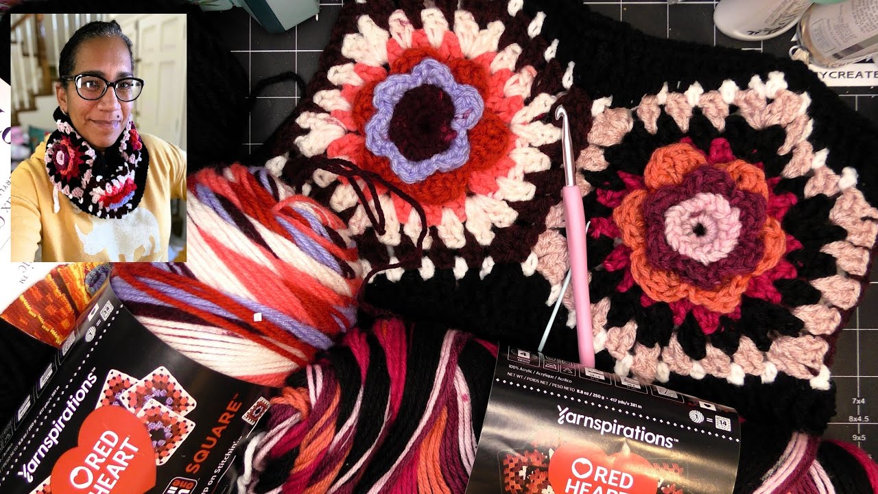Crocheted 3D Flower Hexagon Granny Cowl Tutorial ft. Red Heart All-in-One Granny Square Yarn!