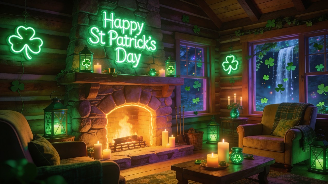 St. Patrick’s Day Fireplace & Waterfall View 🍀 Relaxing Irish Instrumental Music for Study and Work