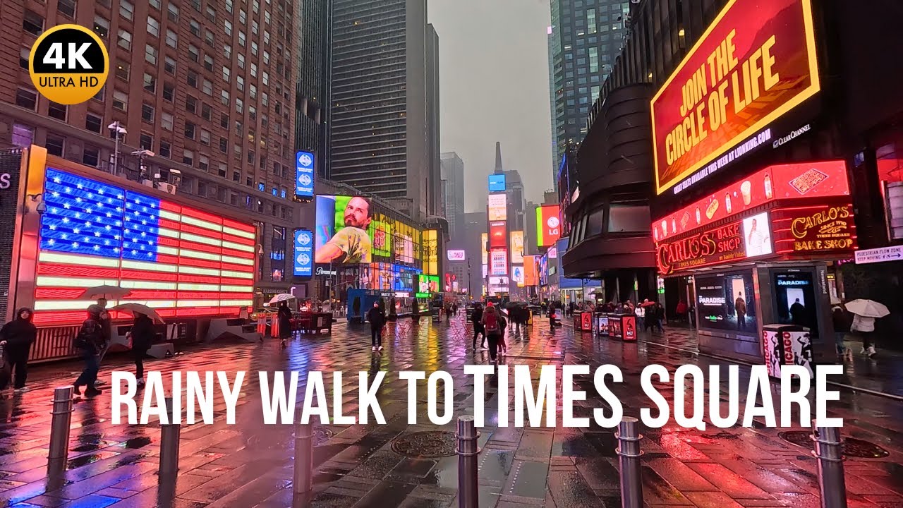 Rainy Day Times Square 4K | New York City Walking Tour Manhattan