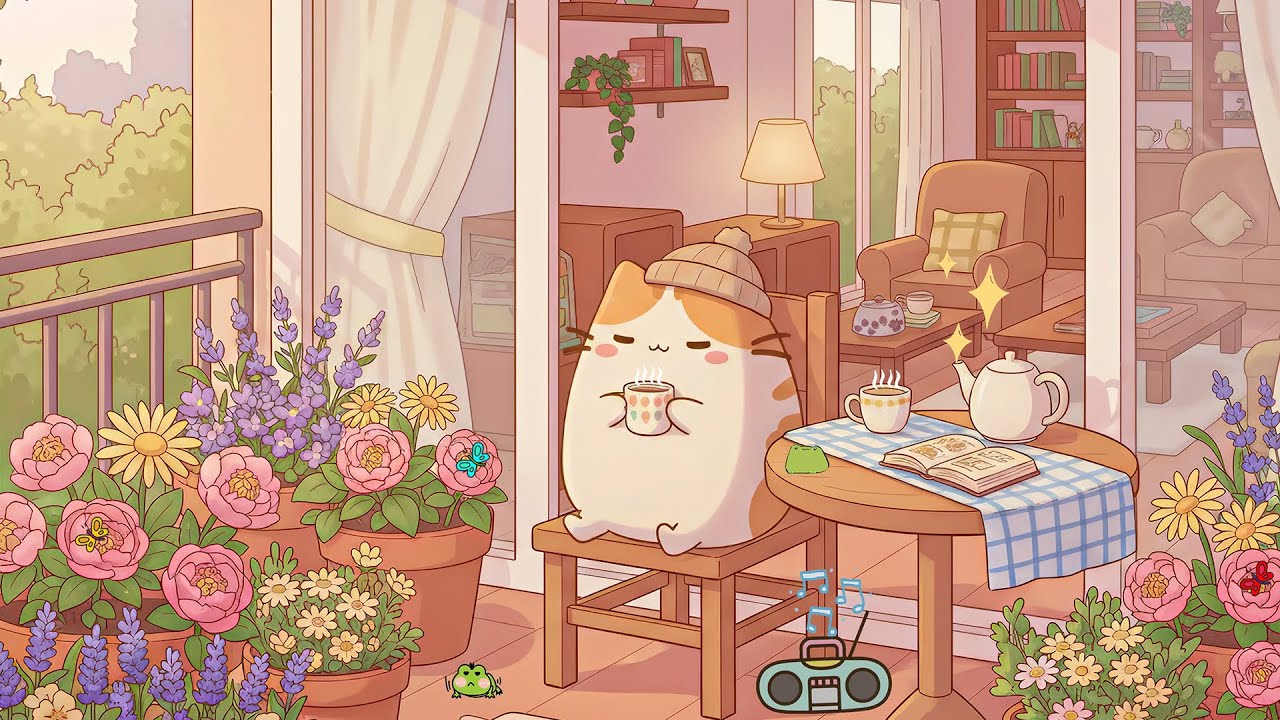 Pusheen’s Coffee Balcony ☕️✨ Lofi Aesthetic for Spring Chill🌷Unwind & Study with Warm Melodies